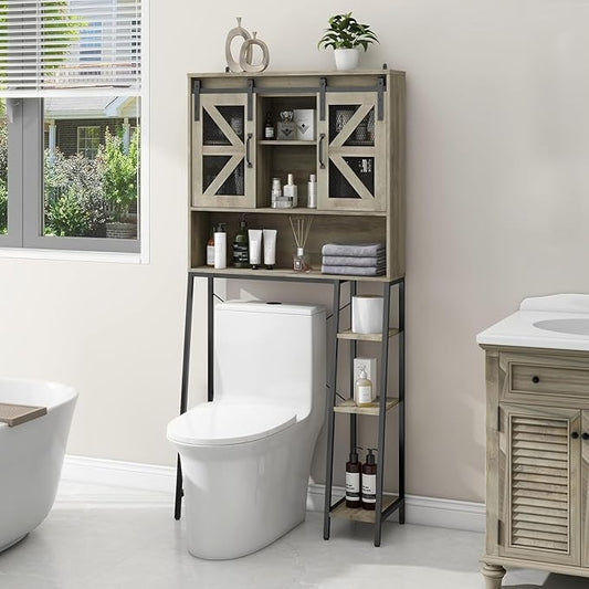 Vabches Over The Toilet Storage Cabinet, Farmhouse Storage Cabinet Over Toilet with Sliding Barn Door，Home Space-Saving Toilet Rack, for Bathroom, Restroom, Laundry(Grey).