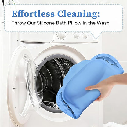 Silicone Bath Pillow for Tub Adults, 4D Air-Cushion Bathtub Pillow for Head Neck and Back Support, Non-Slip Suction Cups, Quick-Drying Waterproof Spa Pillow, Easy to Clean & Store，Blue
