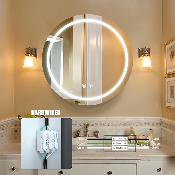 26inch Round Medicine Cabinet with Lights,Led Medicine Cabinet with Demister,Illuminated Bathroom Mirror Cabinet,Dimmable,Anti-Fog,3 Color Temperature,White
