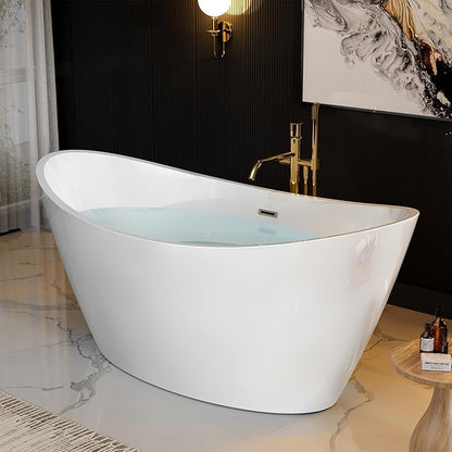 BATHTUB 67" Free Standing Tub, Luxury Acrylic Soaking Tub, Modern Stand Alone Tub with Ergonomic Design, Glossy White, Brushed Nickel Drain & Overflow Included