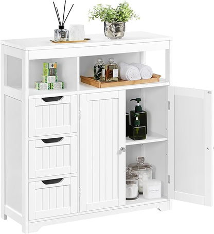 Yaheetech Bathroom Floor Cabinet, Wooden Storage Organizer with 3 Drawers and 2 Open Shelves, Freestanding Storage Cabinet with a Large Bottom Cabinet for Bathroom, Living Room, Kitchen, White
