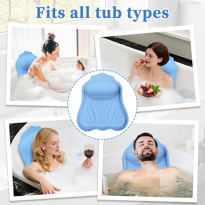 Silicone Bath Pillow for Tub Adults, 4D Air-Cushion Bathtub Pillow for Head Neck and Back Support, Non-Slip Suction Cups, Quick-Drying Waterproof Spa Pillow, Easy to Clean & Store，Blue