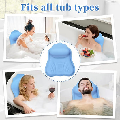 Silicone Bath Pillow for Tub Adults, 4D Air-Cushion Bathtub Pillow for Head Neck and Back Support, Non-Slip Suction Cups, Quick-Drying Waterproof Spa Pillow, Easy to Clean & Store，Blue