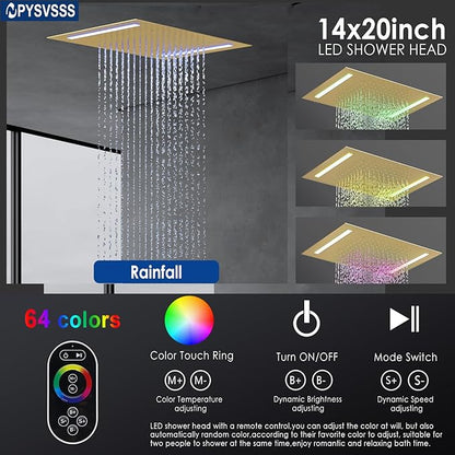 Rain Shower Head System with 14x20 Inch Ceiling Mount LED Head & 6 Inch Wall Head and Handheld Shower 3 Way Pressure Balance Valve Kit,Brushed Gold