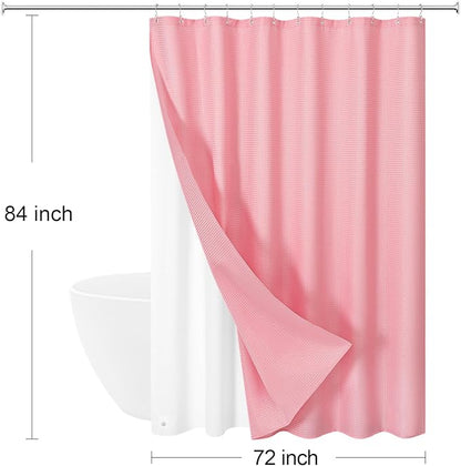 3 in 1 Extra Long Pink Shower Curtain Set-72 W x 84 H, Modern Waffle and PEVA Liner Set with 12 Stainless Steel Hooks, Waterproof Fabric for Bathroom
