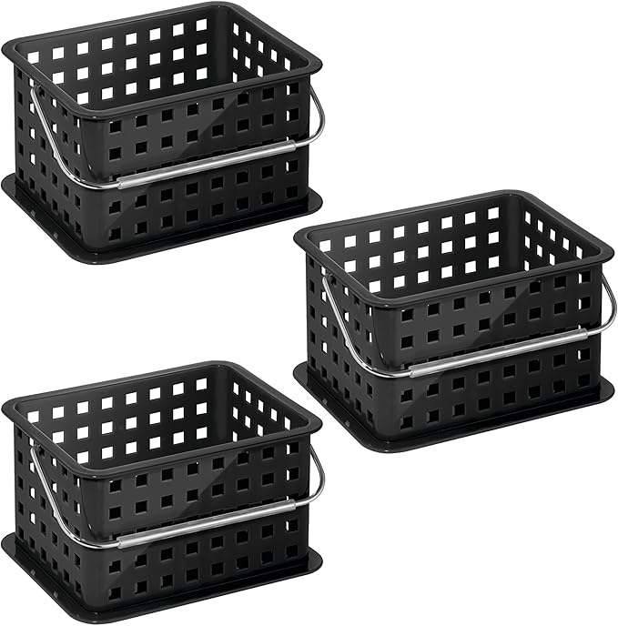 iDesign Stackable Shower Basket with Handle for Dorm or Bathroom - Set of 3 - Black - Made in USA