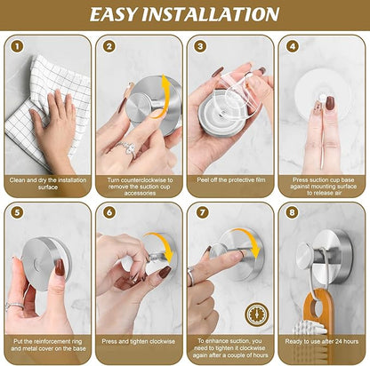 BKV Suction Cup Hooks for Glass Window,Removable Shower Hooks for Inside Shower,Metal Towel Hooks for Bathrooms,6 Pack(Silver)