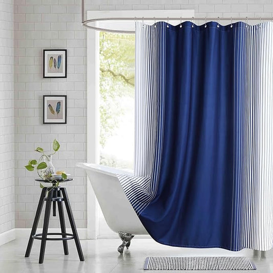 Blue Shower Curtain 78 Inches Long, Modern Navy Blue and White Gradient Vertical Stripe Waterproof Polyester Shower Curtains for Bathroom, 72x78 Inches