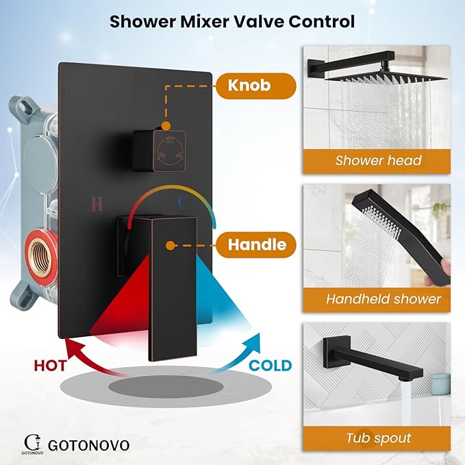 gotonovo Shower System with Tub Spout Wall Mounted Rain Shower Head and Handle Combo Shower Faucet Set with Valve, 10 Inch, Oil Rubbed Bronze