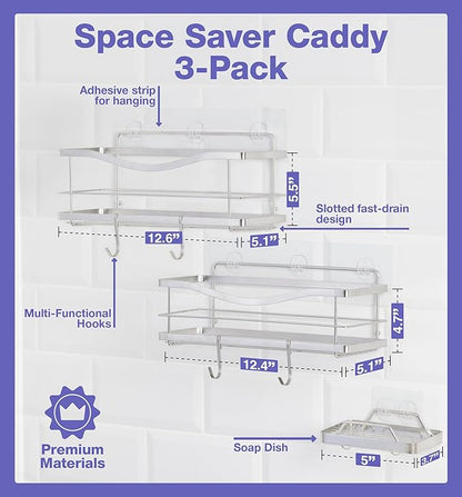 KINCMAX Shower Caddy and Soap Holder, Rustproof SUS304 Stainless Steel, Adhesive Wall Mount Double Baskets 3-pack with Hooks (Polished Silver)