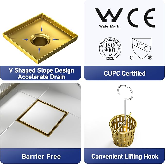 Square Shower Drain 8", Brushed Gold Floor Drain with Tiled Insert Grate & Hair Strainer, 304 Stainless Steel Bathroom 2-in-1 Tiled in Drain, CUPC Certified (Brushed Gold, 8'')