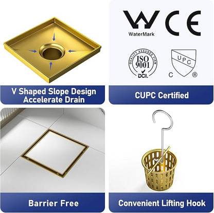 Square Shower Drain 8", Brushed Gold Floor Drain with Tiled Insert Grate & Hair Strainer, 304 Stainless Steel Bathroom 2-in-1 Tiled in Drain, CUPC Certified (Brushed Gold, 8'')