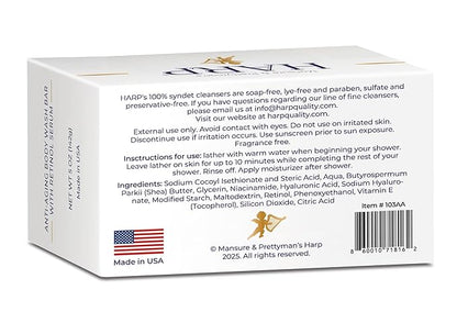 HARP Anti-Aging Body Wash Bar With Retinol + Niacinamide, Vitamin E, Hyaluronic Acid. 100% Syndet Base. Soap/Lye/Dyes and preservative-free. Non-comedogenic. FRAGRANCE FREE. 5oz