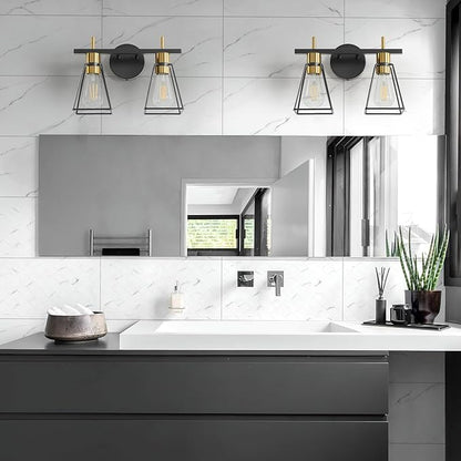 Industrial Bathroom Vanity Lights: 2 Lights Black and Gold Vintage Metal Cage Wall Sconces - Rustic Farmhouse Lightning Fixture Over Mirrors Cabinet for Home Hallway