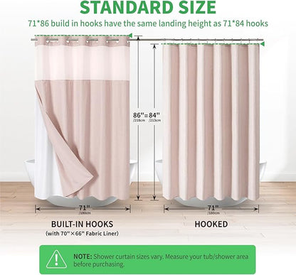 Extra Long No Hooks Needed Linen Textured Shower Curtain with Snap-in Fabric Liner Set,Blush Hotel Luxury Decor Shower Curtains for Bathroom,Waterproof & Washable,71Wx86H