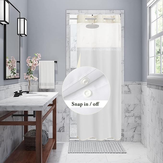 Gibelle Stall Small Shower Curtain 36x74, Waffle Weave Shower Curtain with Snap-in Fabric Liner Set, No Hooks Needed, Hotel Style with Mesh Top Window, Ivory