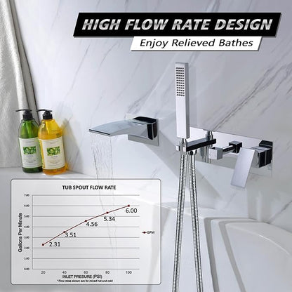 SUMERAIN Wall Mount Tub Faucets, Waterfall Tub Filler Spout with Hand Shower