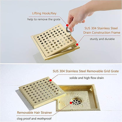 RANDOM Brushed Gold Shower Drain Square 6 Inch Shower Floor Drain with Grid Grate & Removable Hair Strainer 304 Stainless Steel Shower Drain Cover Bathroom Accessories.98738BG
