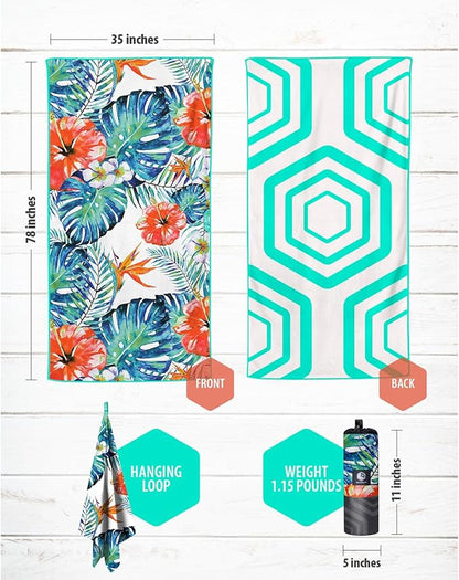 VENTURE 4TH Microfiber Beach Towel: Quick-Dry, Compact, Sand-Free, Absorbent, Sandproof and Lightweight - Perfect for Camping, Beach, and Roadtrips (Tropical Heat Design | 35x78 inches)