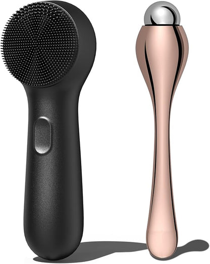 NågraCoola CLIE Silicone Face Scrubber, Facial Cleansing Brush, Rechargeable, Waterproof Face Scrub Brush for Deep Cleansing, Exfoliating, Massage, with Eye Roller, for Women and Men-Black
