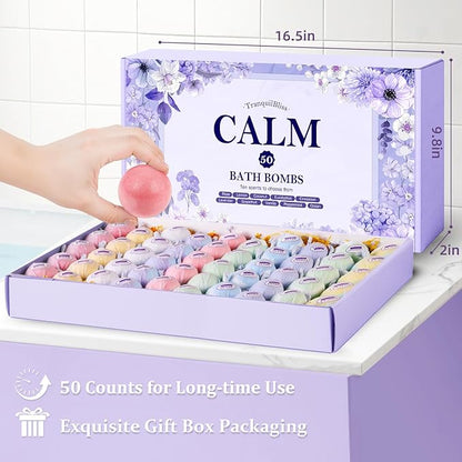 TranquilBliss Bath Bombs for Women, 50 PCS Set with 10 Rich Scents, Natural Bubble Bathbombs, Dry Skin Moisturizing, Present for Christmas, Mother’s Day, Birthday, for Mom, Wife, Her, Girls