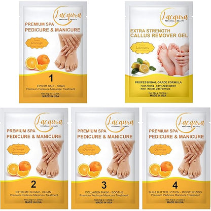 Epsom Salt Soak, Callus Remover Gel, Extreme Sugar Scrub, Collagen Mask & Shea Butter Lotion – Professional Spa Foot Care System 5 Step Luxury Pedicure Kit. Orange 12 Set