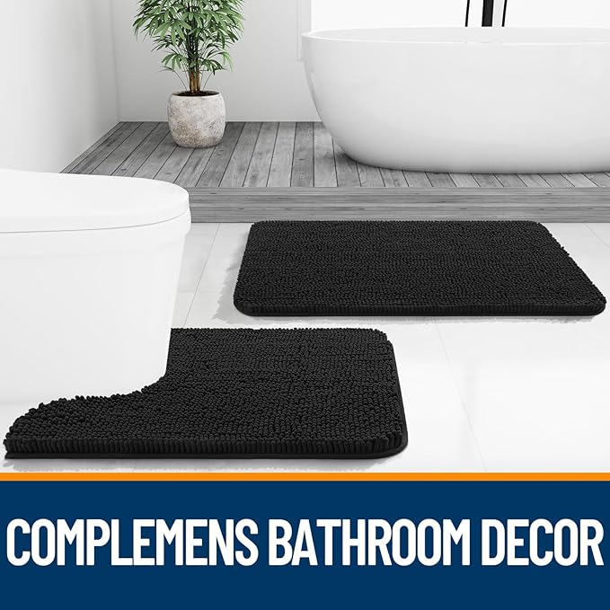 OLANLY Bathroom Rugs Sets 2 Piece, Soft Absorbent Chenille Bath Mats and U-Shaped Contour Toilet Mat Area Rug Set, Machine Washable Bath Carpet, Home Decor Accessories(30"x20"+24"x20", Black)