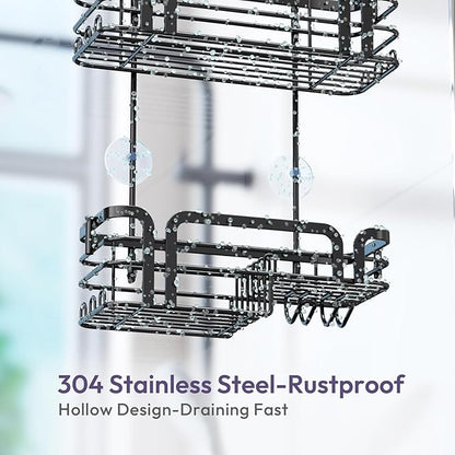 SWTYMIKI Shower Caddy Hanging Organizer - Over the Door Shower Caddy with Soap Holder, 11 Hooks, 2 Installation Ways, Stainless Steel Rustproof Bathroom Organizer, Black