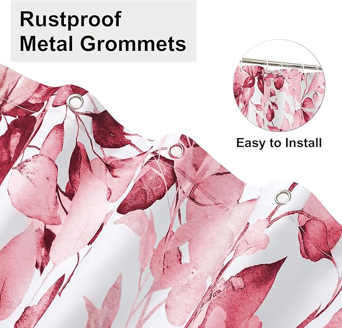 Colorful Star Pink Eucalyptus Waterproof Shower Curtain Set with Hooks, Minimalist Watercolor Floral Print Bathroom Décor, Plant Leaves Washable Fabric Shower Curtain, 72 x 72 Inch
