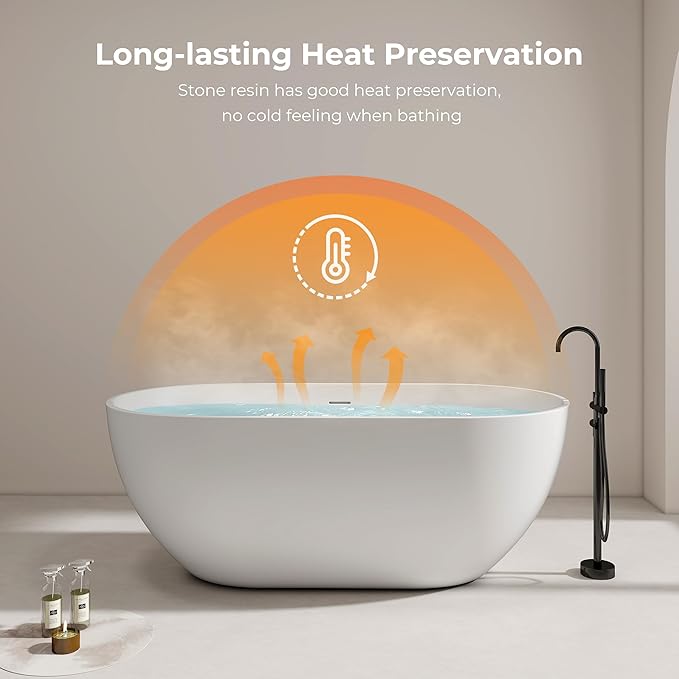 Premium 59" Solid Surface Freestanding Bathtub, Upgraded Oval Stone Resin Tub with Overflow and Pop-up Drain, Matte White