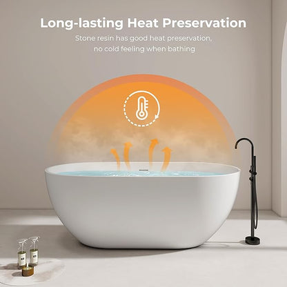 Premium 59" Solid Surface Freestanding Bathtub, Upgraded Oval Stone Resin Tub with Overflow and Pop-up Drain, Matte White