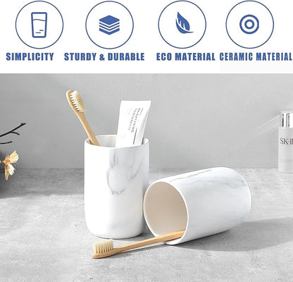Marble Toothbrush Holders for Bathrooms - 1 Cups Ceramic Toothbrush Toothpaste Holders, White Marble Bathroom Tumbler Cups Reusable Toothbrush Mouthwash Cup, Bathroom Counter Organizer.