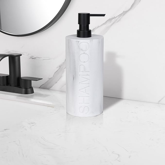 Resin White Marbled Shampoo Engraved Bottle Refillable Pump Dispenser, Durable Waterproof Construction for Bath, Shower - Resin White Marble - Matte Black Pump