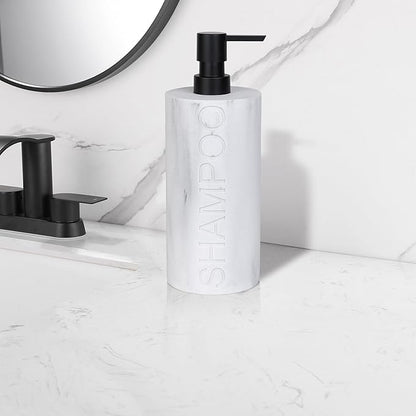 Resin White Marbled Shampoo Engraved Bottle Refillable Pump Dispenser, Durable Waterproof Construction for Bath, Shower - Resin White Marble - Matte Black Pump