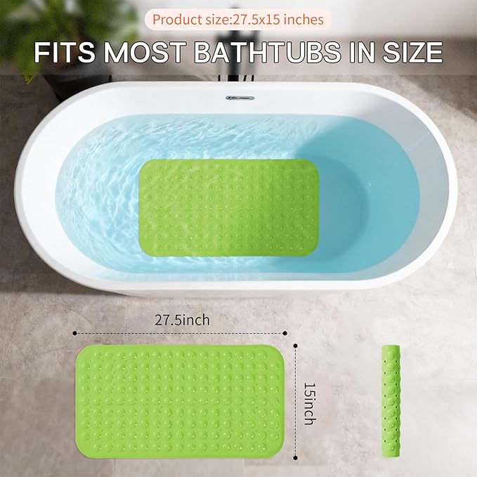 Anti-Slip Bathtub Shower mat, 27.5×14.5（Approximately 70×37cm） inch Soft Oversized Machine Washable Non-Slip Bathtub mat with Drainage Holes, Bathroom Floor Suction Cup.（1-Opaque Pea Green）