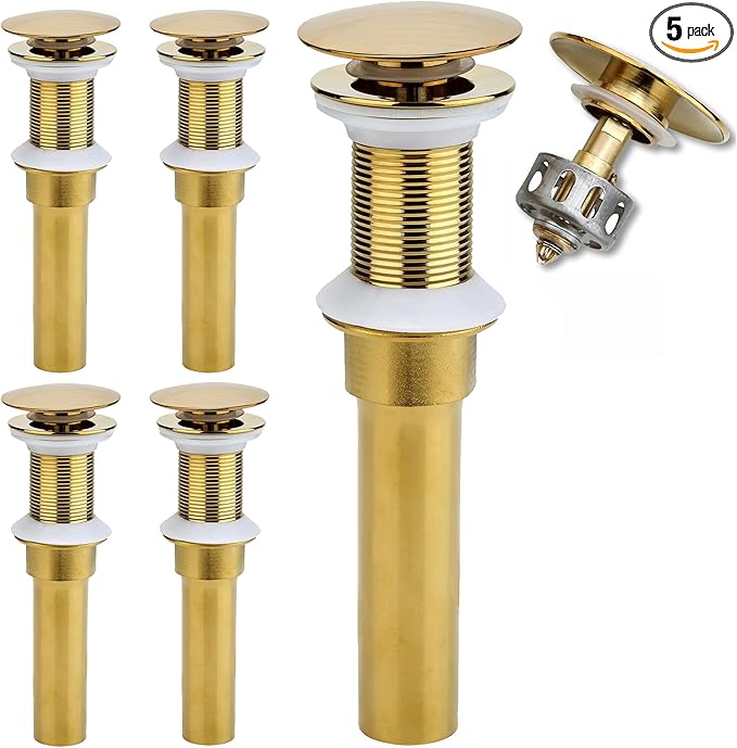 Bathroom Sink Drain, 5 Pack Gold Drain Stopper Bathroom Sink Without Overflow, Pop Up Drain Assembly with Detachable Strainer Basket, Built-in Anti-Clogging Strainer,Stainless Steel