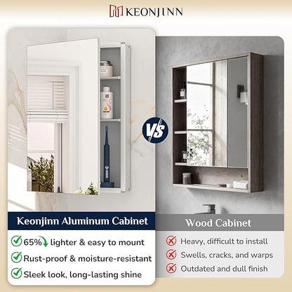 Keonjinn 64 x 32 Inch Medicine Cabinet, Assembly Required, Silver Bathroom Medicine Cabinets Mirror, Lightweight, Adjustable Shelves, Surface Mount or Recessed, Tempered Glass