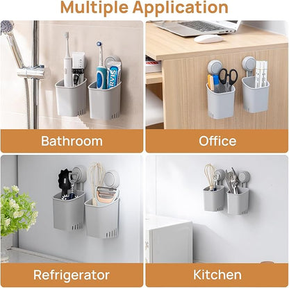 LEVERLOC Powerful Suction Toothbrush Holder 2 Pack, Removable Drill-Free Wall Shower Holder for Toothbrush, Toothpaste, Razor, Self-draining Suction Cup in Shower, Kitchen Tableware Organizer, Gray