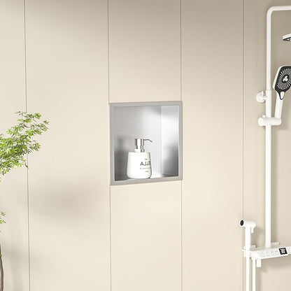Stainless Steel Shower Niche 12" X 12" Brushed No Tile Needed Niche Shower Recessed Wall Niches for Bathroom Storage Over Mount Installation