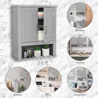 VINGLI Medecine Cabinet with 2 Doors Bathrooom Wall Cabinet Grey Over The Toilet Storage Towel Cabinet 1 Adjustable Shelf Wooden Hanging Organizer Bathroom Furniture