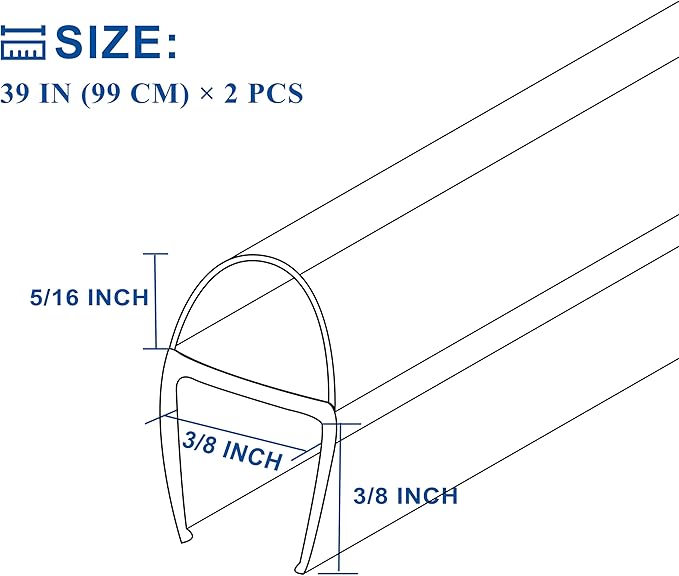 Frameless Shower Door Seal Strip 2 Pack x 39 Inch U for 3/8" Thick Glass Shower Door Side Seal Strip Bottom Seal Door Sweep, Ultra Clear Polycarbonate, Stop Shower Leaks Create A Water Barrier