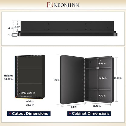 Keonjinn 24 x 32 Inch Chrome Recessed Medicine Cabinets, Bathroom Mirrored Medicine Cabinet, Silver Stainless Steel Framed, Adjustable Shelves, in Wall or Surface Mount, Sturdy & Heavy, Farmhouse