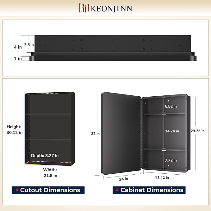 Keonjinn 24 x 32 Inch Black Recessed Medicine Cabinets, Bathroom Mirrored Medicine Cabinet, Gloss Black Stainless Steel Framed, Adjustable Shelves, in Wall or Surface Mount, Sturdy & Heavy, Farmhouse