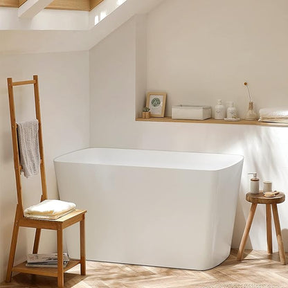 47" Lucite Acrylic Freestanding Bathtub，Square Shape Janpanese Soaking Tub,Toe-tap Chrome Right Drain, Slotted Overflow, cUPC Certified,Glossy White