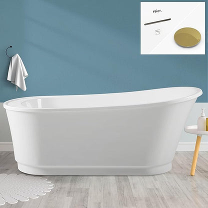 FerdY Langkawi 67" Acrylic Freestanding Bathtub, White Modern Stand Alone Soaking Bathtub, cUPC Certified, Polished Gold Drain and Minimalist Linear Design Overflow Included, Easy to Install, 02568T