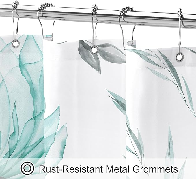 Extra Long Boho Watercolor Floral Shower Curtain 72 x 84, Teal Blue and Grey Ink Painting Style Flower Shower Curtains for Chic Elegant Bathroom, Artistic XL Fabric Cloth Shower Curtain