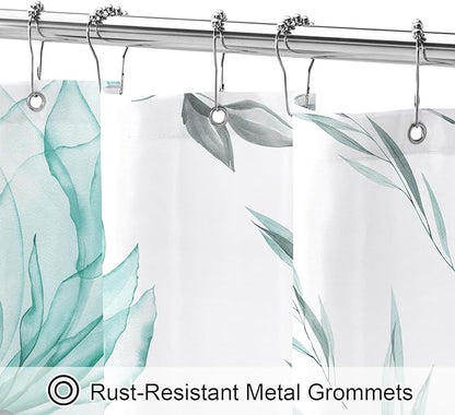 Extra Long Boho Watercolor Floral Shower Curtain 72 x 84, Teal Blue and Grey Ink Painting Style Flower Shower Curtains for Chic Elegant Bathroom, Artistic XL Fabric Cloth Shower Curtain