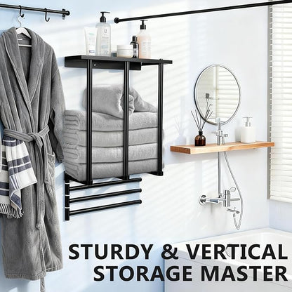 3-Tier Wall Mounted Towel Rack, Bathroom Storage Shelf with Towel Bar, Heavy-Duty Metal Organizer in Matte Black for Bathroom and Powder Room Storage and Organizer