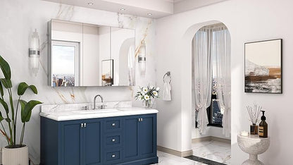 Keonjinn 48 x 32 Inch Oversized Medicine Cabinet for Bathroom with Mirror, Assembly Required, Silver Aluminum Structure, Free Adjustable Shelves, Combined Recessed or Surface Mount Wall Cabinet