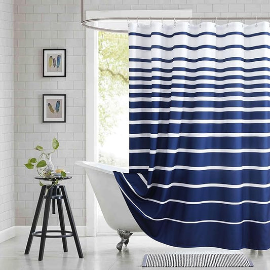 Blue Shower Curtain, Modern Navy Blue and White Stripe Waterproof Polyester Shower Curtains for Bathroom, 72x72 Inches